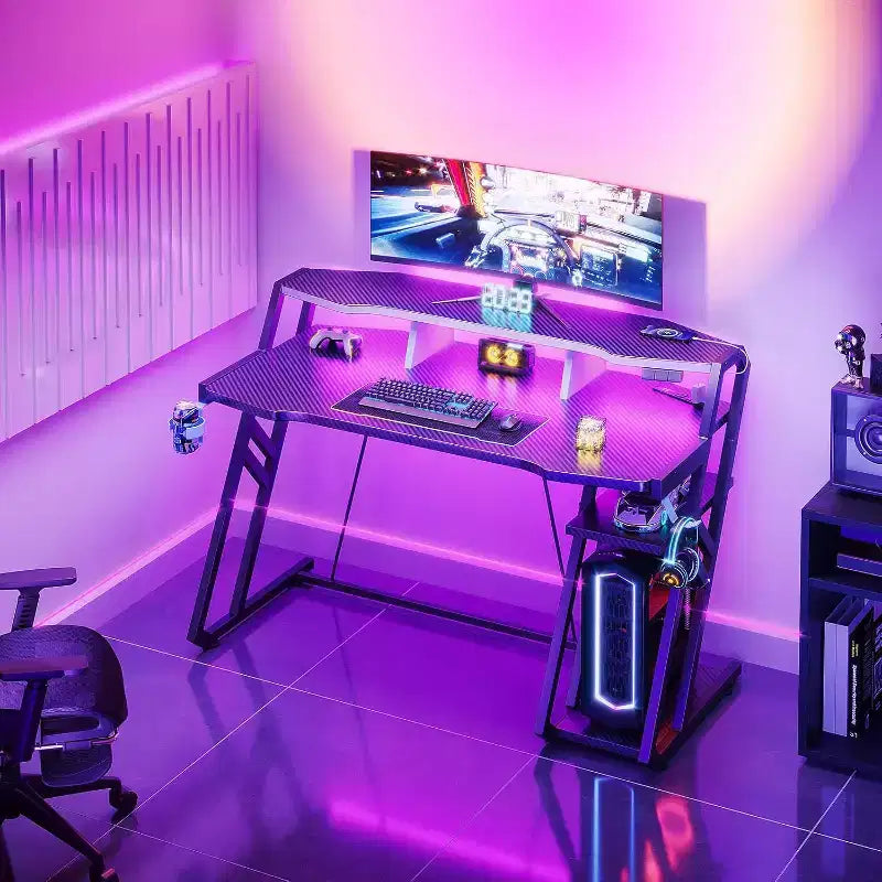 Bureau de jeu BALHAM TRADE de 48 pouces avec prise électrique, lumières LED et étagère de rangement pour PC en fibre de carbone
