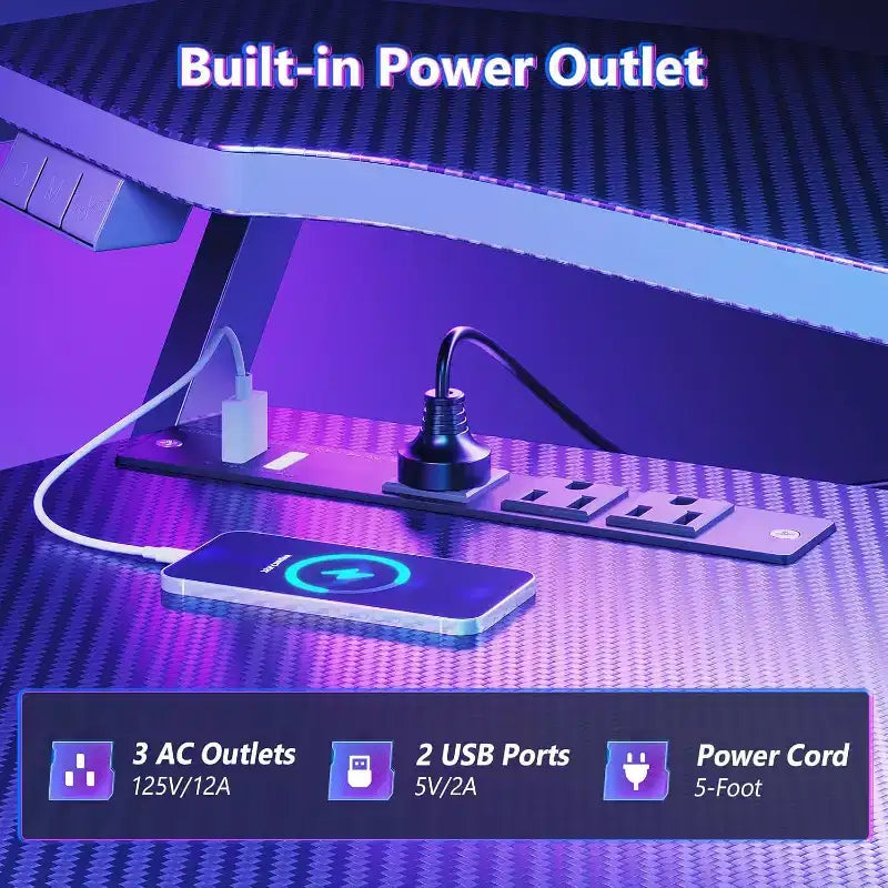 Bureau de jeu BALHAM TRADE de 48 pouces avec prise électrique, lumières LED et étagère de rangement pour PC en fibre de carbone