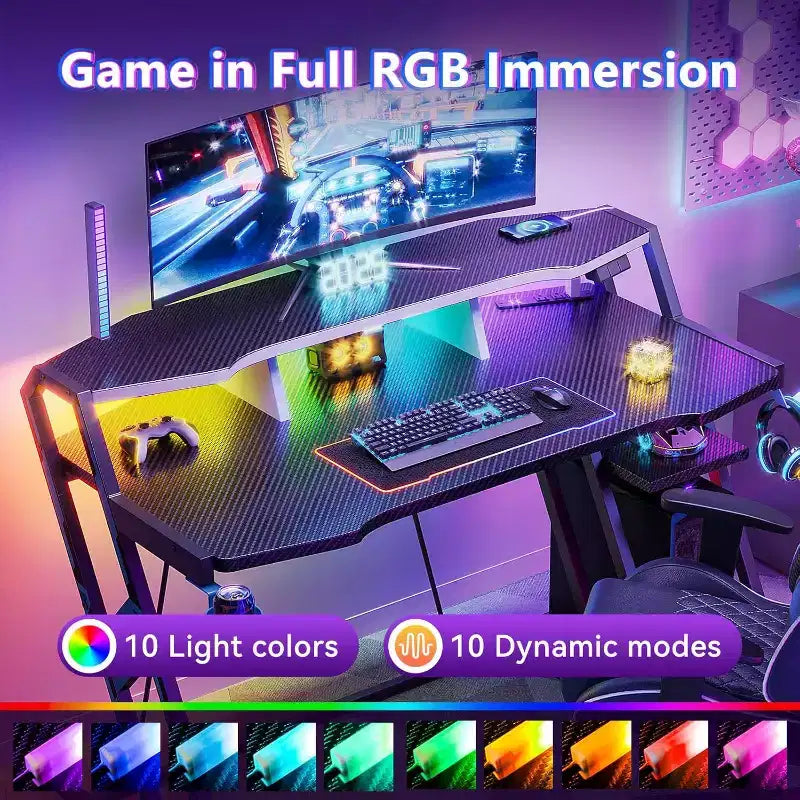 Bureau de jeu BALHAM TRADE de 48 pouces avec prise électrique, lumières LED et étagère de rangement pour PC en fibre de carbone