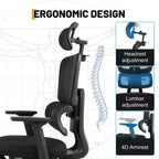 Sedia da gaming ergonomica in mesh per impieghi gravosi Sedia da ufficio con schienale alto, braccioli 4D ribaltabili, poggiatesta e supporto lombare regolabili, capacità 180 kg