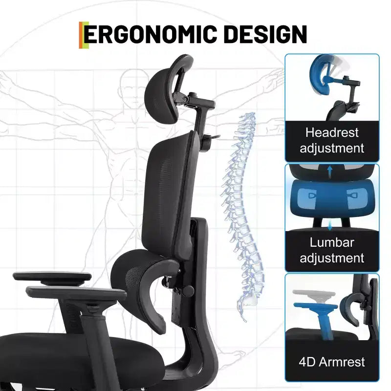 Sedia da gaming ergonomica in mesh per impieghi gravosi Sedia da ufficio con schienale alto, braccioli 4D ribaltabili, poggiatesta e supporto lombare regolabili, capacità 180 kg