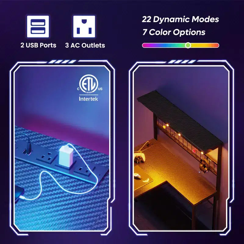 Bestier Scrivania Gaming da 42'', Scrivania ad Angolo a L con Prese di Corrente e Luci LED, Scrivania Reversibile con 4 Ripiani, Portabicchieri, Nero Fibra di Carbonio