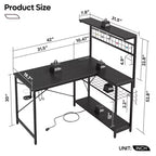 Bestier Scrivania Gaming da 42'', Scrivania ad Angolo a L con Prese di Corrente e Luci LED, Scrivania Reversibile con 4 Ripiani, Portabicchieri, Nero Fibra di Carbonio