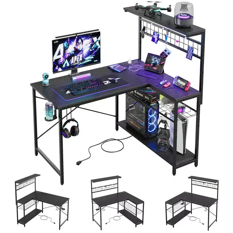 Bestier Scrivania Gaming da 42'', Scrivania ad Angolo a L con Prese di Corrente e Luci LED, Scrivania Reversibile con 4 Ripiani, Portabicchieri, Nero Fibra di Carbonio