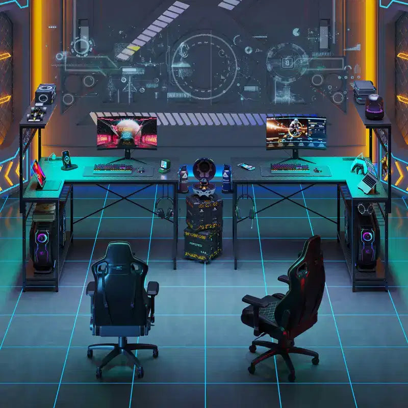Bestier Scrivania Gaming da 42'', Scrivania ad Angolo a L con Prese di Corrente e Luci LED, Scrivania Reversibile con 4 Ripiani, Portabicchieri, Nero Fibra di Carbonio