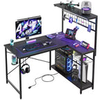 Bestier Scrivania Gaming da 42'', Scrivania ad Angolo a L con Prese di Corrente e Luci LED, Scrivania Reversibile con 4 Ripiani, Portabicchieri, Nero Fibra di Carbonio