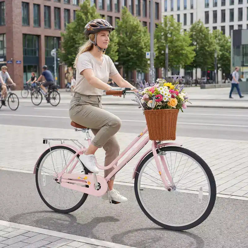Bicicletta da spiaggia Gymax 26 pollici con sedile regolabile, cestino in vimini e portapacchi posteriore
