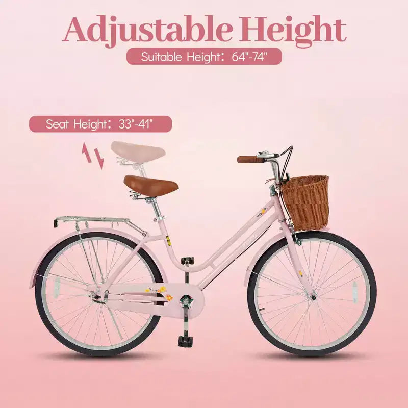 Bicicletta da spiaggia Gymax 26 pollici con sedile regolabile, cestino in vimini e portapacchi posteriore