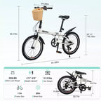 NAYSAYE Vélo pliant 20 pouces pour adultes avec panier, support de téléphone, garde-boue, cadre en acier 6 vitesses, double freins en V pour hommes et femmes, blanc, 61 x 26,38 x 42,13