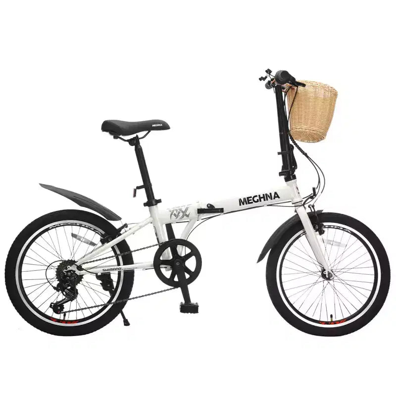 NAYSAYE Vélo pliant 20 pouces pour adultes avec panier, support de téléphone, garde-boue, cadre en acier 6 vitesses, double freins en V pour hommes et femmes, blanc, 61 x 26,38 x 42,13