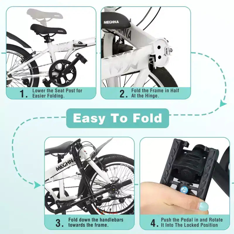 NAYSAYE Vélo pliant 20 pouces pour adultes avec panier, support de téléphone, garde-boue, cadre en acier 6 vitesses, double freins en V pour hommes et femmes, blanc, 61 x 26,38 x 42,13
