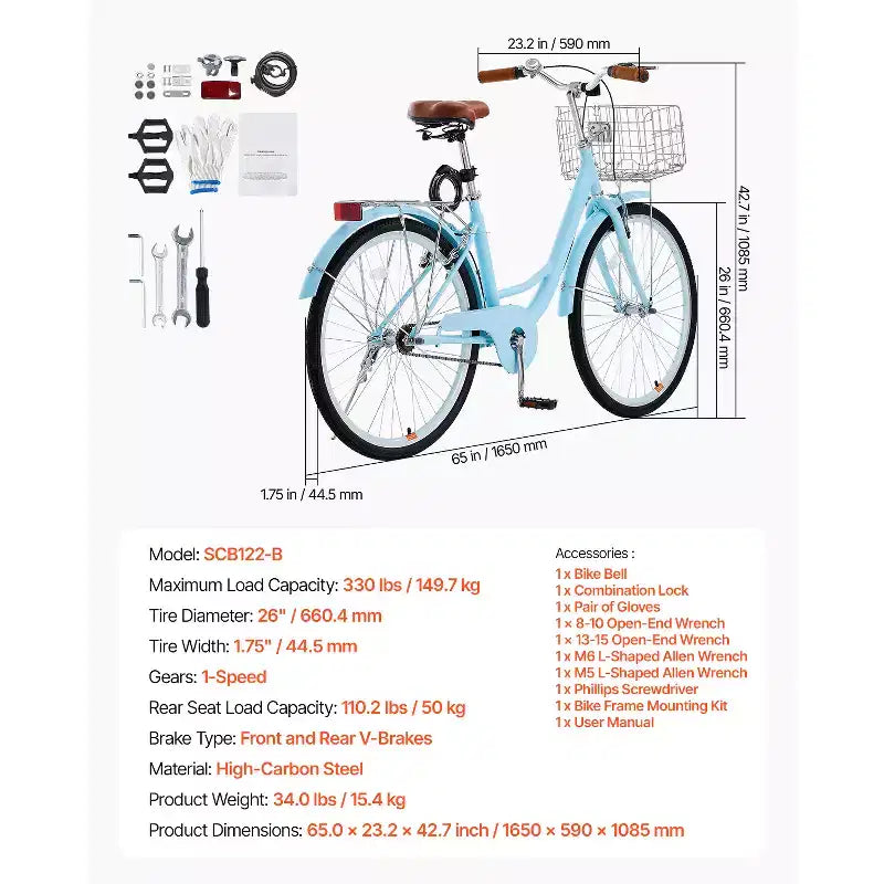 VEVOR Cruiser Bike, 1 velocità, Bici da spiaggia Cruiser da 26 pollici azzurra con cestino di grande capacità e portapacchi posteriore, Bici Cruiser sicura e robusta, azzurra