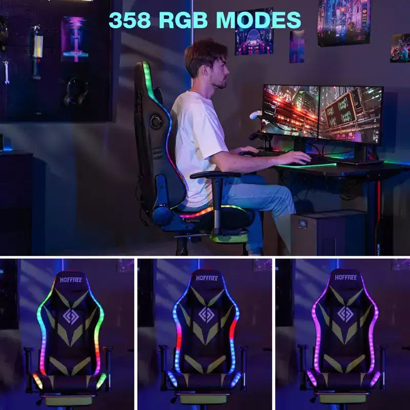 Sedia da Gaming Reclinabile per Massaggio Hoffree, Ergonomica da Ufficio per PC con Altoparlante Bluetooth e Luci RGB