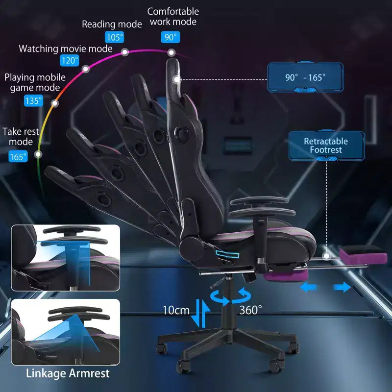 Sedia da Gaming Reclinabile per Massaggio Hoffree, Ergonomica da Ufficio per PC con Altoparlante Bluetooth e Luci RGB