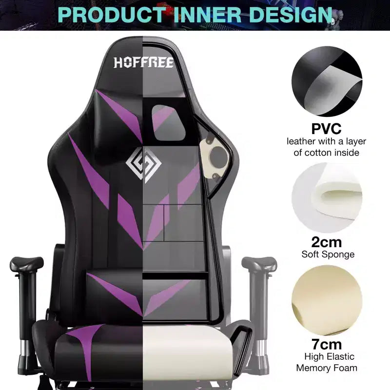 Sedia da Gaming Reclinabile per Massaggio Hoffree, Ergonomica da Ufficio per PC con Altoparlante Bluetooth e Luci RGB