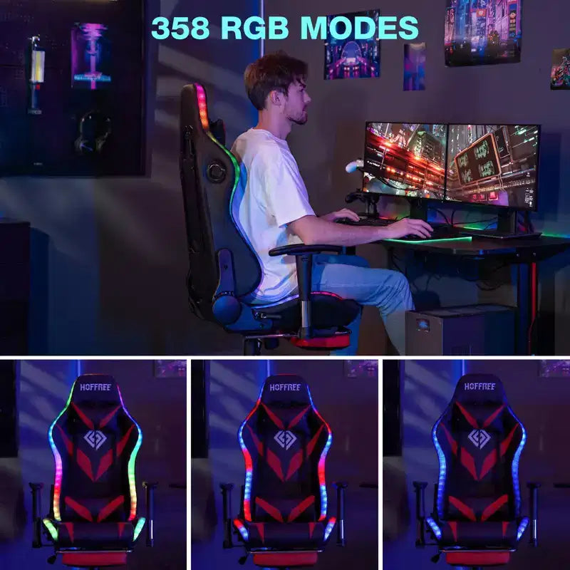 Sedia da Gaming Reclinabile per Massaggio Hoffree, Ergonomica da Ufficio per PC con Altoparlante Bluetooth e Luci RGB