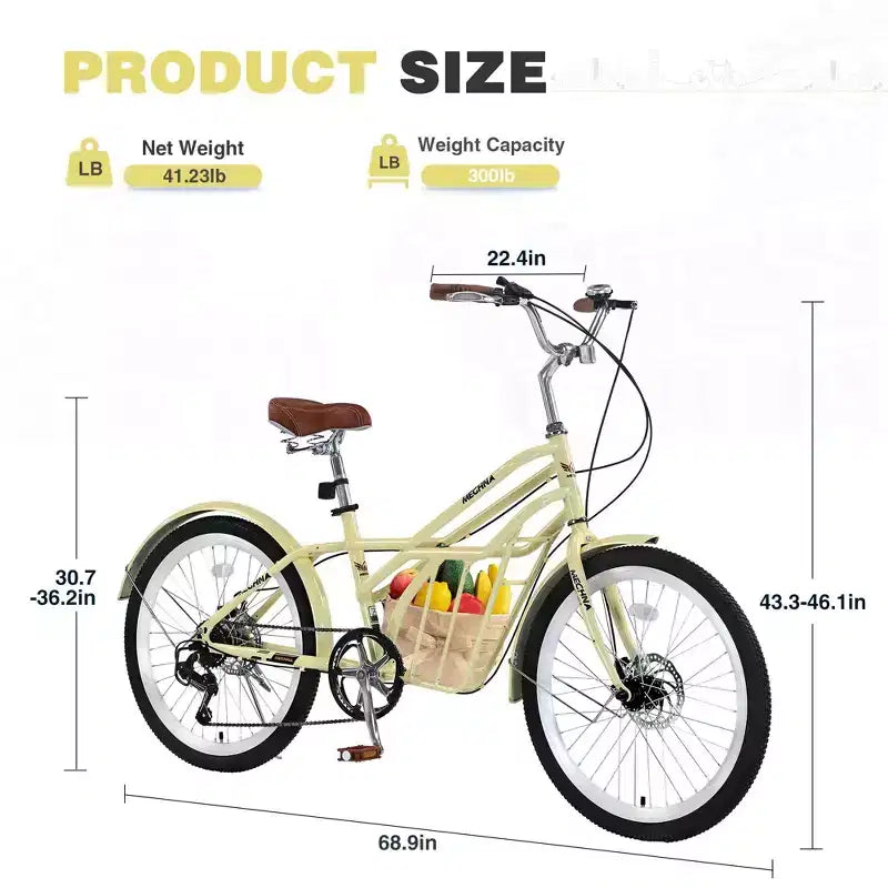 NAYSAYE Vélo de ville 24 pouces pour adultes, 6 vitesses, vélo hybride de ville avec double frein en V, selle réglable, cadre en acier pour femmes et hommes, trajets quotidiens et loisirs