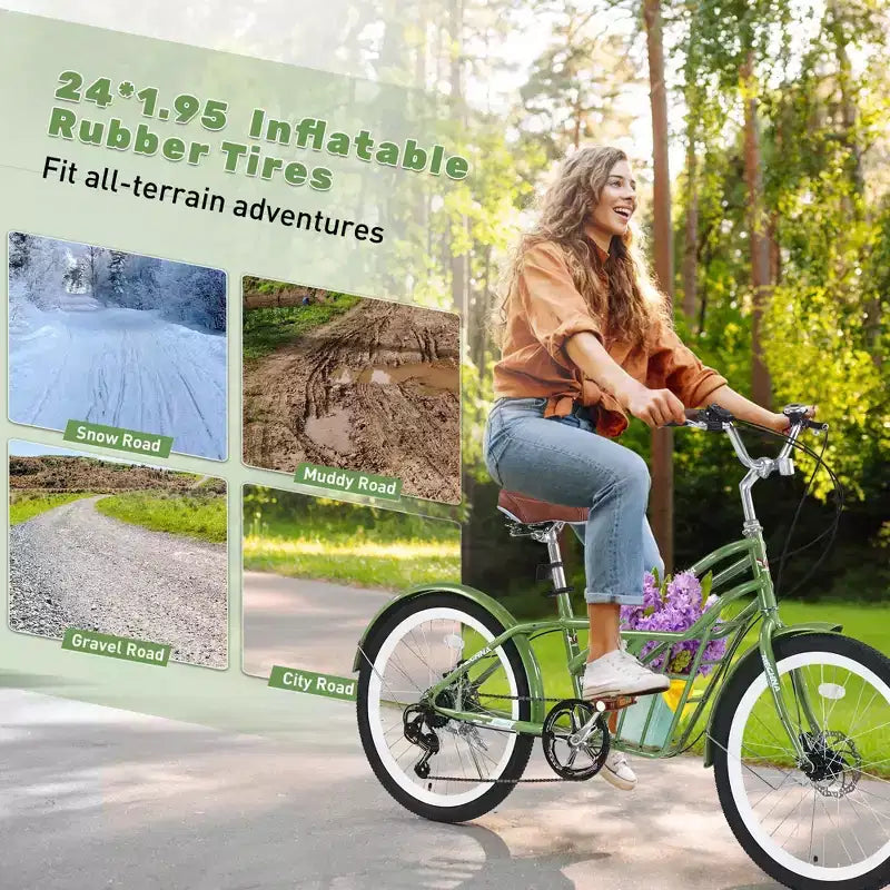 NAYSAYE Vélo de ville 24 pouces pour adultes, 6 vitesses, vélo hybride de ville avec double frein en V, selle réglable, cadre en acier pour femmes et hommes, trajets quotidiens et loisirs