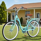 NAYSAYE Bicicletta Cruiser da 24 pollici a 7 velocità per donna, bicicletta cruiser completa con doppio freno a V, sedile regolabile, telaio in acciaio per donne e uomini, per pendolarismo e tempo libero