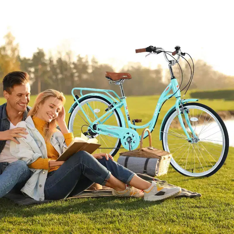 NAYSAYE Bicicletta Cruiser da 24 pollici a 7 velocità per donna, bicicletta cruiser completa con doppio freno a V, sedile regolabile, telaio in acciaio per donne e uomini, per pendolarismo e tempo libero