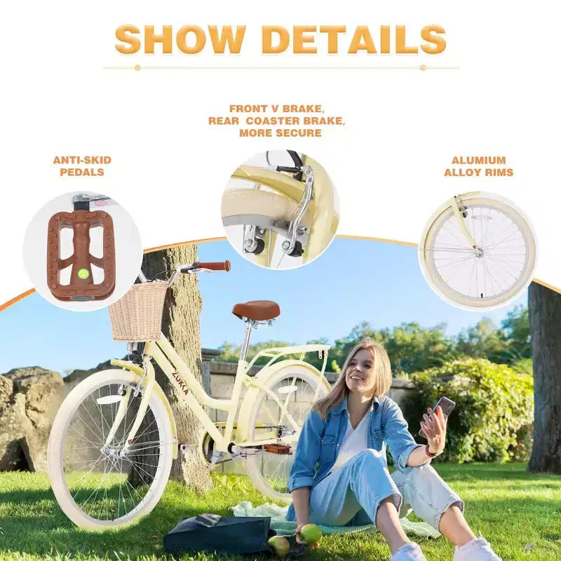 NAYSAYE Vélo de ville hybride pour filles de 24 pouces, pour les 7-10 ans et plus, avec panier en osier et porte-bagages arrière, vélos pour enfants