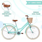 NAYSAYE Vélo de ville hybride pour filles de 24 pouces, pour les 7-10 ans et plus, avec panier en osier et porte-bagages arrière, vélos pour enfants