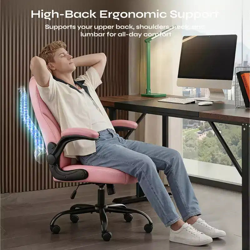 Sedia da ufficio ergonomica Pinmoco con cuscino a doppio strato, sedia da gaming con ruote e braccioli ribaltabili, in pelle PU