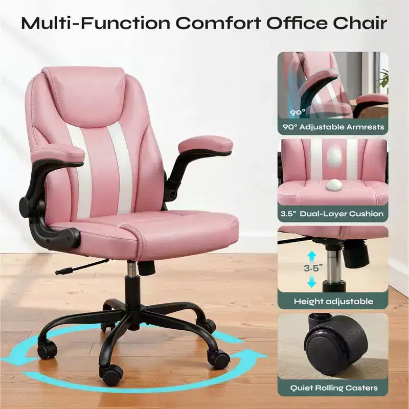 Sedia da ufficio ergonomica Pinmoco con cuscino a doppio strato, sedia da gaming con ruote e braccioli ribaltabili, in pelle PU