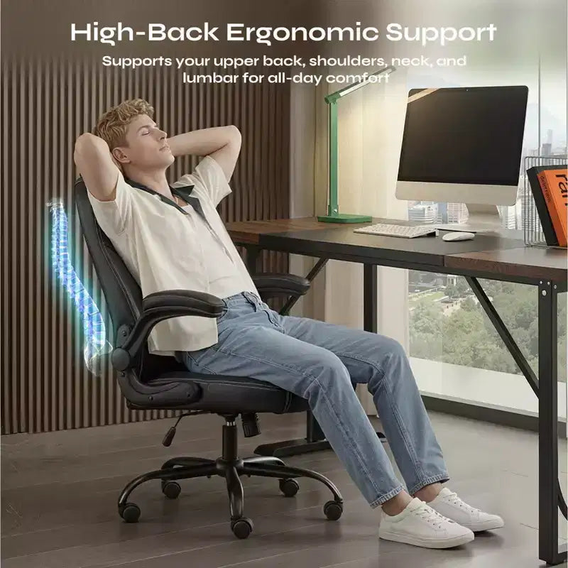 Sedia da ufficio ergonomica Pinmoco con cuscino a doppio strato, sedia da gaming con ruote e braccioli ribaltabili, in pelle PU