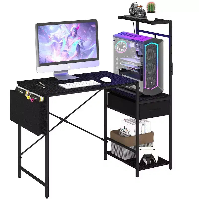 Bestier 45 RGB LED Gaming Desk with Headphone Hook & Drawer, Reversible Ergonomic Computer Desk Gamer Table with Storage Bag for Home Office, Black