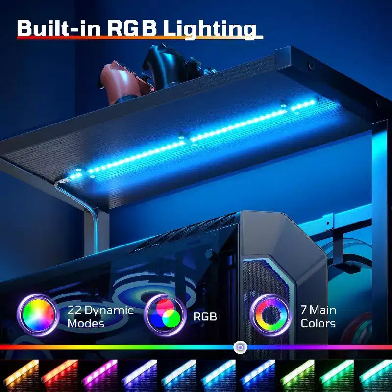 Bureau de jeu Bestier 45 avec LED RGB, crochet pour casque et tiroir, table de gamer ergonomique réversible avec sac de rangement pour bureau à domicile, Noir
