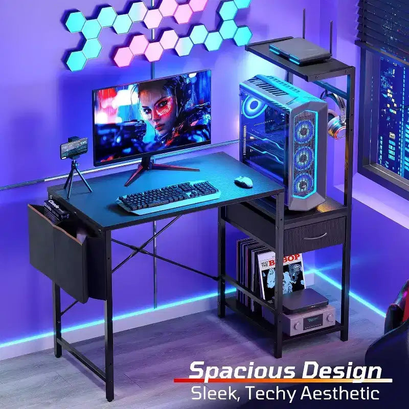 Bureau de jeu Bestier 45 avec LED RGB, crochet pour casque et tiroir, table de gamer ergonomique réversible avec sac de rangement pour bureau à domicile, Noir