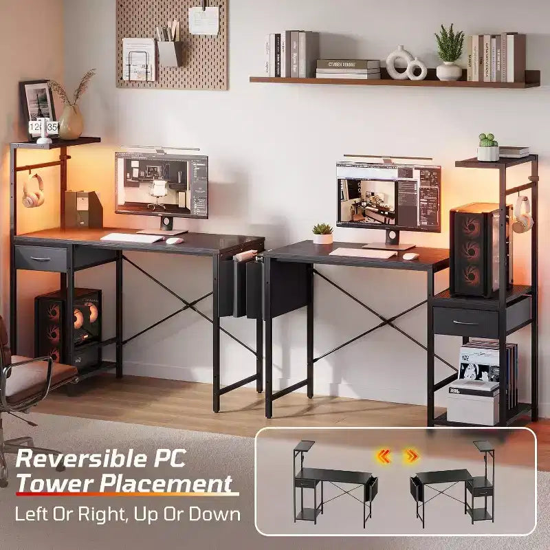Bureau de jeu Bestier 45 avec LED RGB, crochet pour casque et tiroir, table de gamer ergonomique réversible avec sac de rangement pour bureau à domicile, Noir