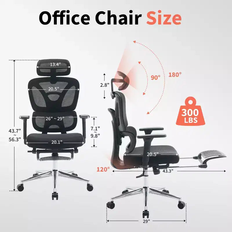 Sedia da Ufficio Ergonomica in Rete per Ufficio Domestico, Studio, Gaming  Supporto Lombare Regolabile, Braccioli 3D, Poggiatesta e Poggiapiedi  Rete Traspirante Nera, Telaio Nero