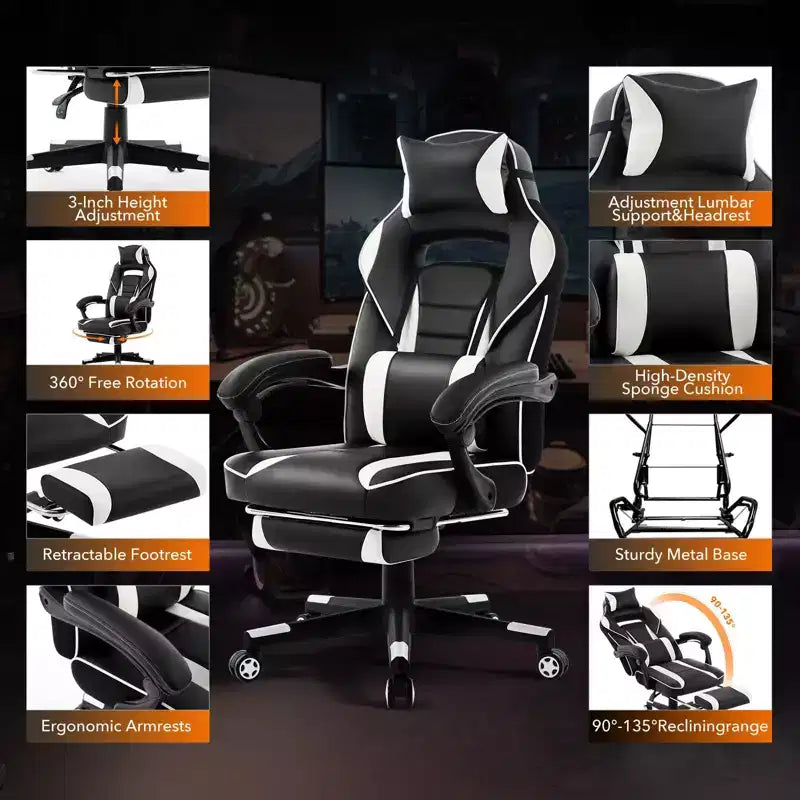 Coolmee Fauteuil de Bureau Grand Format, Chaise de Gaming en Cuir à Dossier Haut avec Repose-Pieds, Chaise d'Ordinateur Ergonomique avec Soutien Lombaire et Appui-Tête