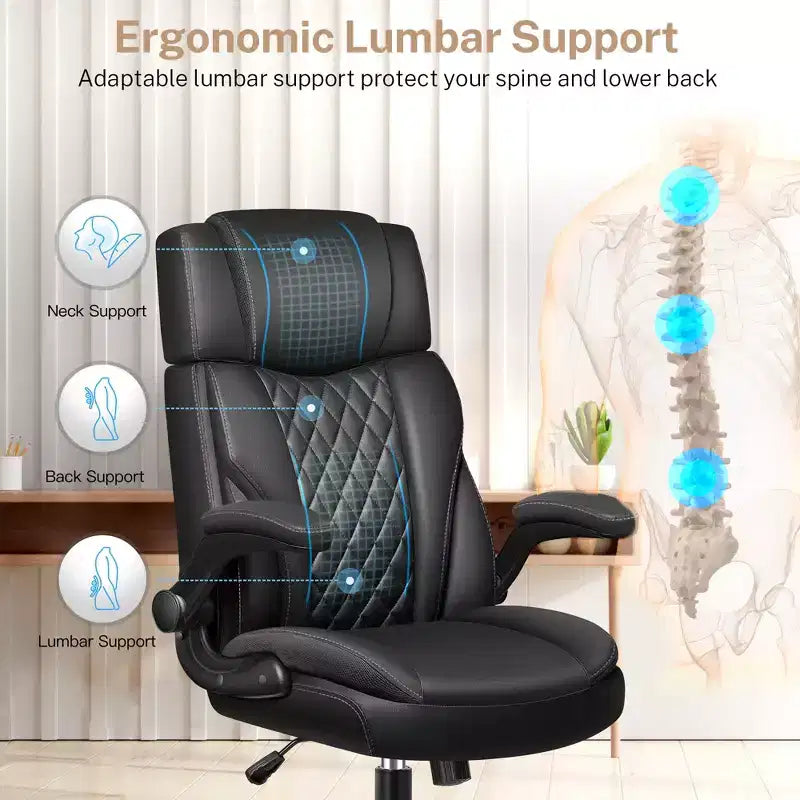 Sedia da Ufficio Direzionale in Pelle KERDOM, Sedia da Ufficio Ergonomica con Schienale Alto e Supporto Lombare con Braccioli Imbottiti