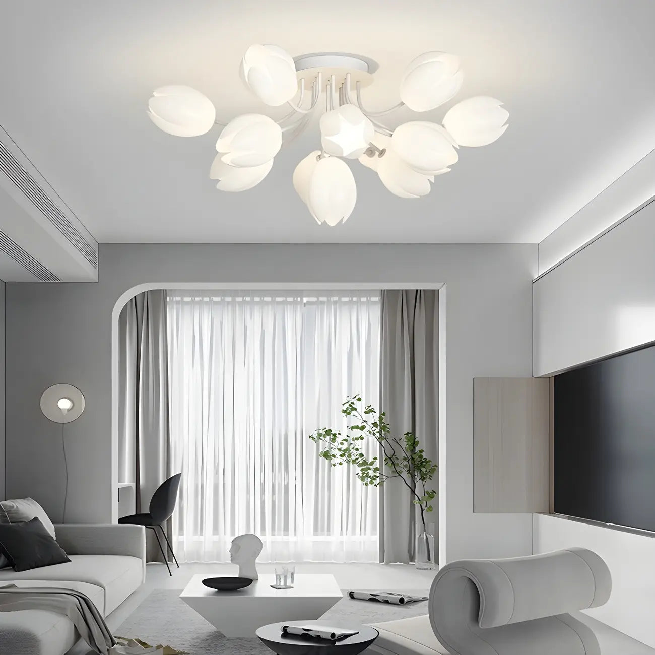 Plafonnier semi-encastré minimaliste en résine blanche à motif floral