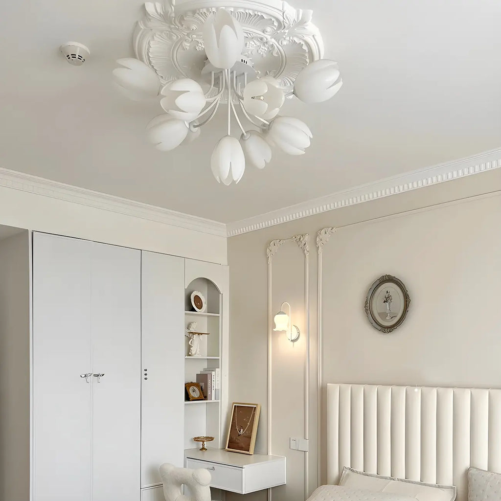 Plafonnier semi-encastré minimaliste en résine blanche à motif floral