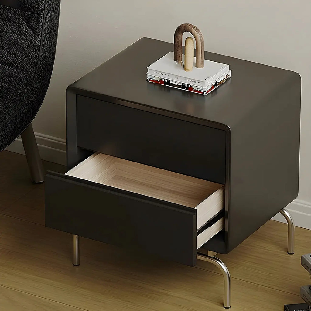 Table de chevet classique en bois noir à 2 tiroirs avec piètement en métal argenté