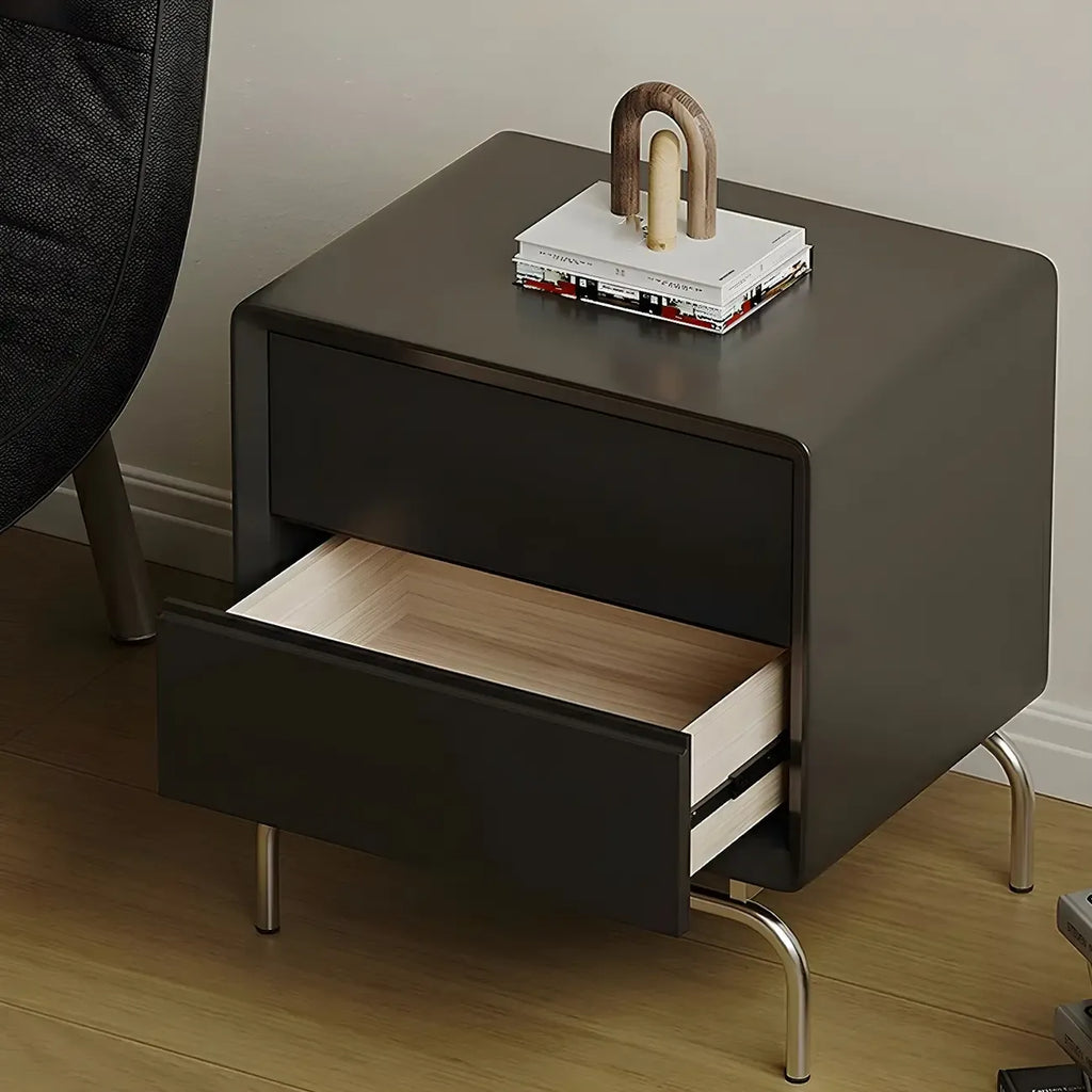 Table de chevet classique en bois noir à 2 tiroirs avec piètement en métal argenté