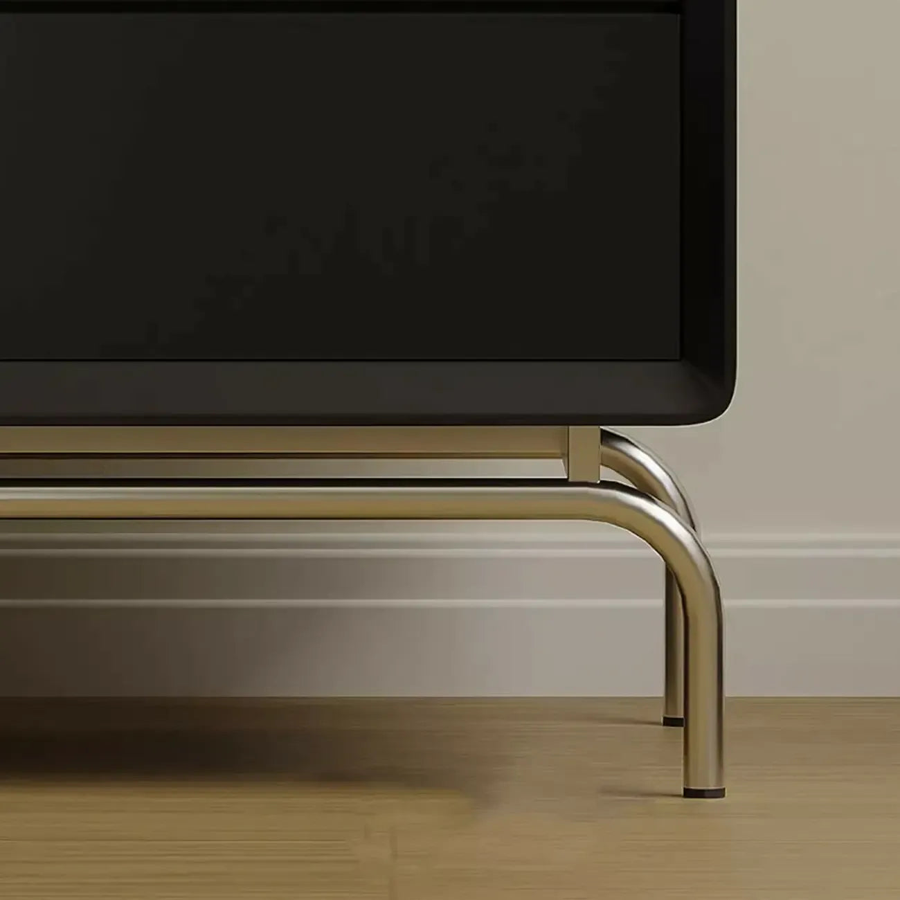 Table de chevet classique en bois noir à 2 tiroirs avec piètement en métal argenté