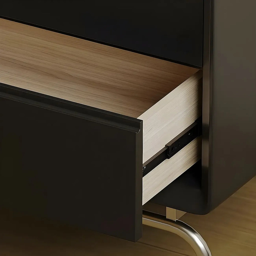 Table de chevet classique en bois noir à 2 tiroirs avec piètement en métal argenté