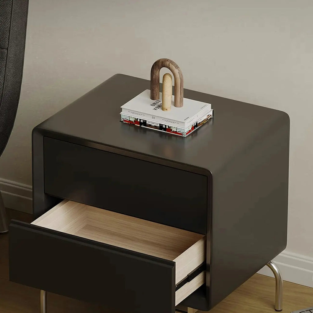 Table de chevet classique en bois noir à 2 tiroirs avec piètement en métal argenté