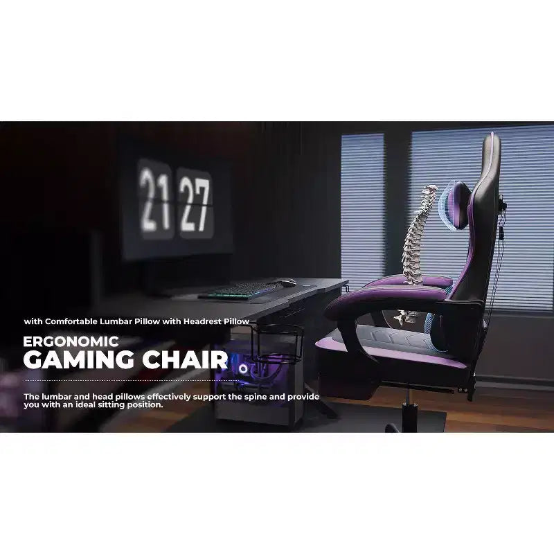 Ora Maison Sedia da Gaming Ergonomica con Poggiapiedi e Massaggio Lombare, Sedia da Computer Girevole Regolabile in Altezza per Adulti, Capacità 136 kg, Viola