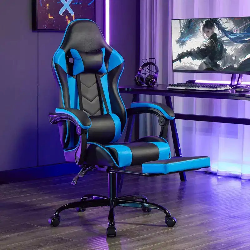 Ora Maison Sedia da gaming ergonomica con poggiapiedi e supporto lombare, sedia da computer girevole regolabile in altezza e traspirante per adulti, blu