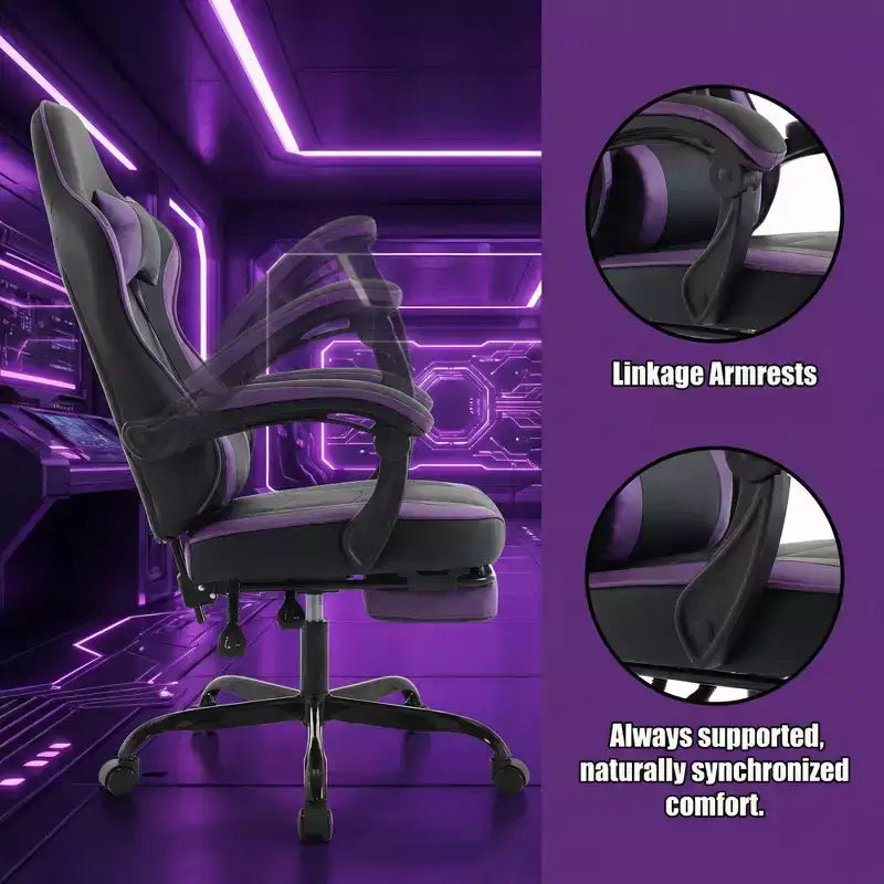 Sedia Gaming LauKingdom con Poggiapiedi, Sedia da Computer Ergonomica, Girevole Regolabile in Altezza, Supporto Lombare Massaggiante, Sedia per Videogiochi, Nero e Viola