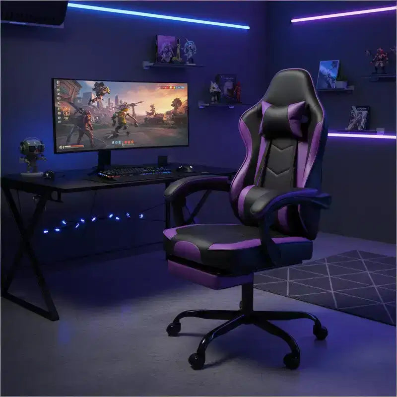 Sedia Gaming LauKingdom con Poggiapiedi, Sedia da Computer Ergonomica, Girevole Regolabile in Altezza, Supporto Lombare Massaggiante, Sedia per Videogiochi, Nero e Viola