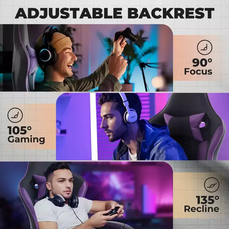Sedia Gaming LauKingdom con Poggiapiedi, Sedia da Computer Ergonomica, Girevole Regolabile in Altezza, Supporto Lombare Massaggiante, Sedia per Videogiochi, Nero e Viola