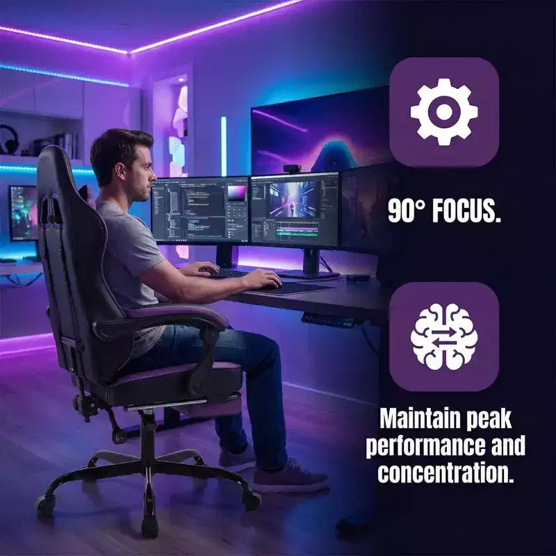 Sedia Gaming LauKingdom con Poggiapiedi, Sedia da Computer Ergonomica, Girevole Regolabile in Altezza, Supporto Lombare Massaggiante, Sedia per Videogiochi, Nero e Viola