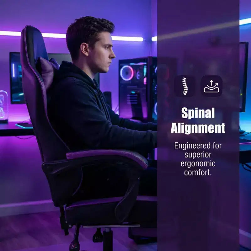Sedia Gaming LauKingdom con Poggiapiedi, Sedia da Computer Ergonomica, Girevole Regolabile in Altezza, Supporto Lombare Massaggiante, Sedia per Videogiochi, Nero e Viola